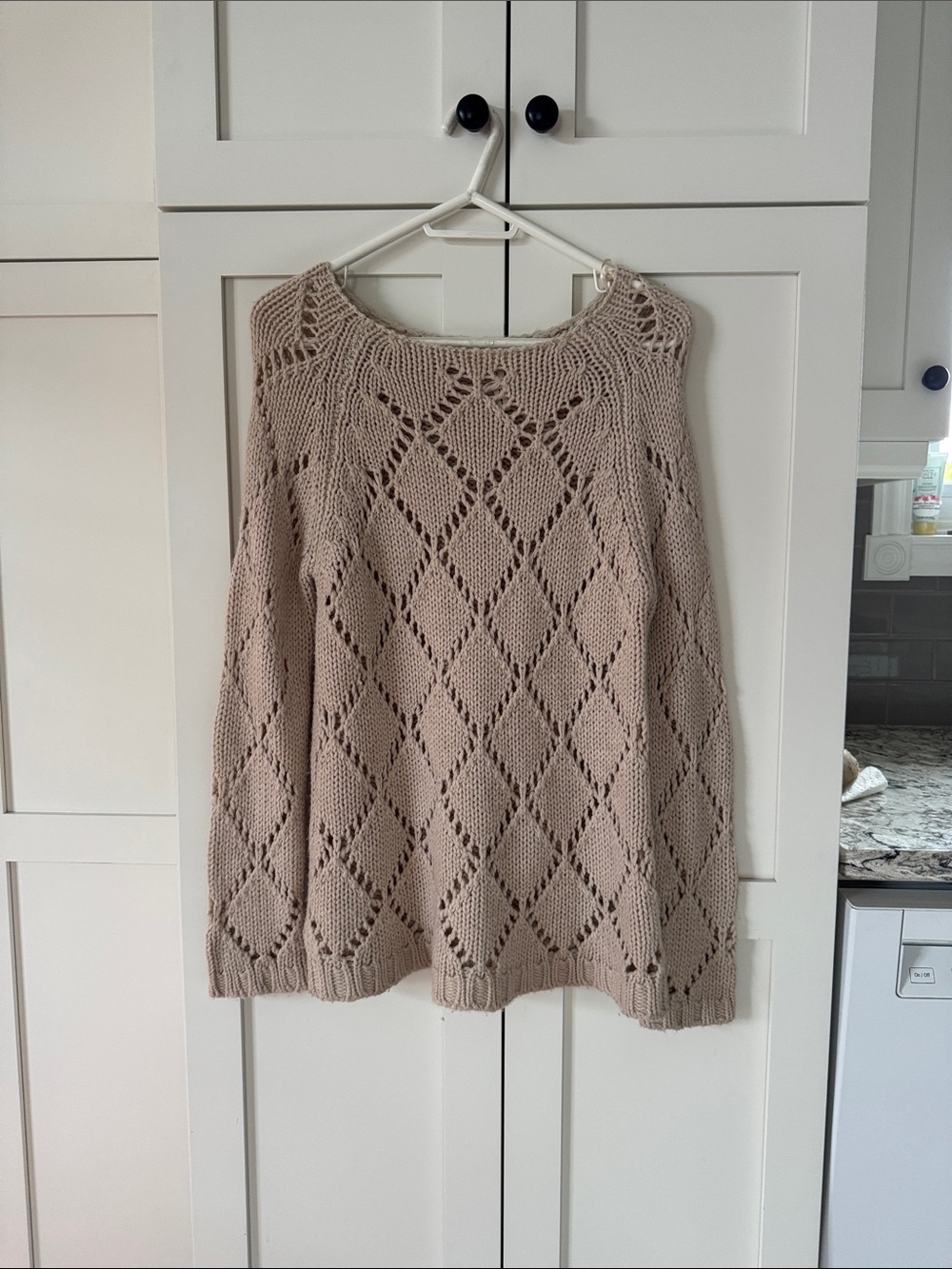 Le Temps Des Cerises Beige Open-Knit Diamond Crewneck Sweater